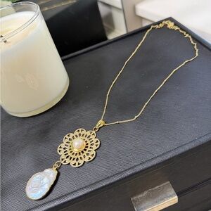 Gold Floral Pendant Necklace with Pearl Accent
